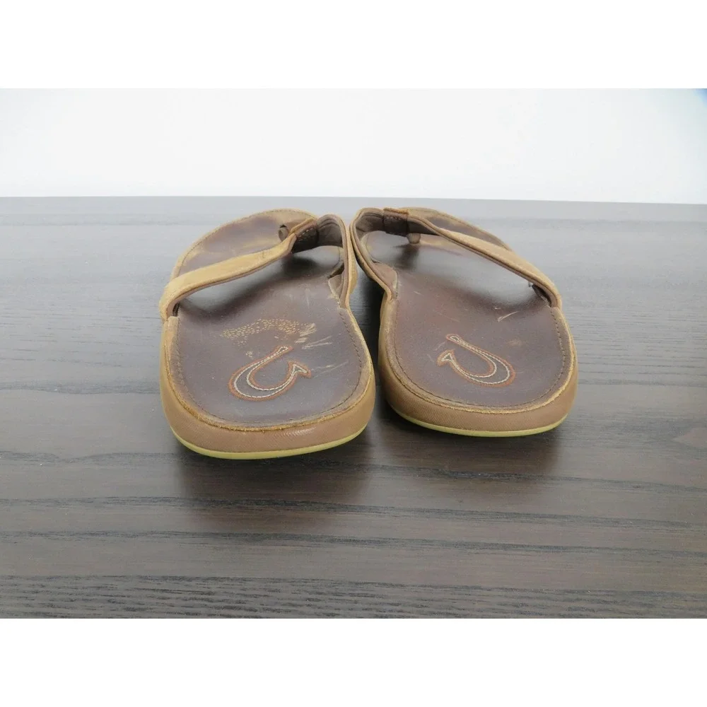 OluKai Nui Sandals Mens Size 12 Brown Leather Thong Flip Flops 10239-SKSK